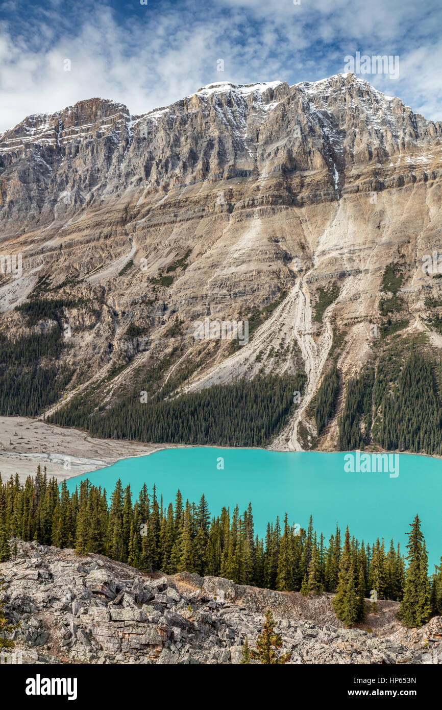 Das türkisfarbene Wasser des Peyto Lake auf der malerischen Icefield Parkway in den Rocky Mountains, Banff National Park, Alberta, Kanada Stockfoto