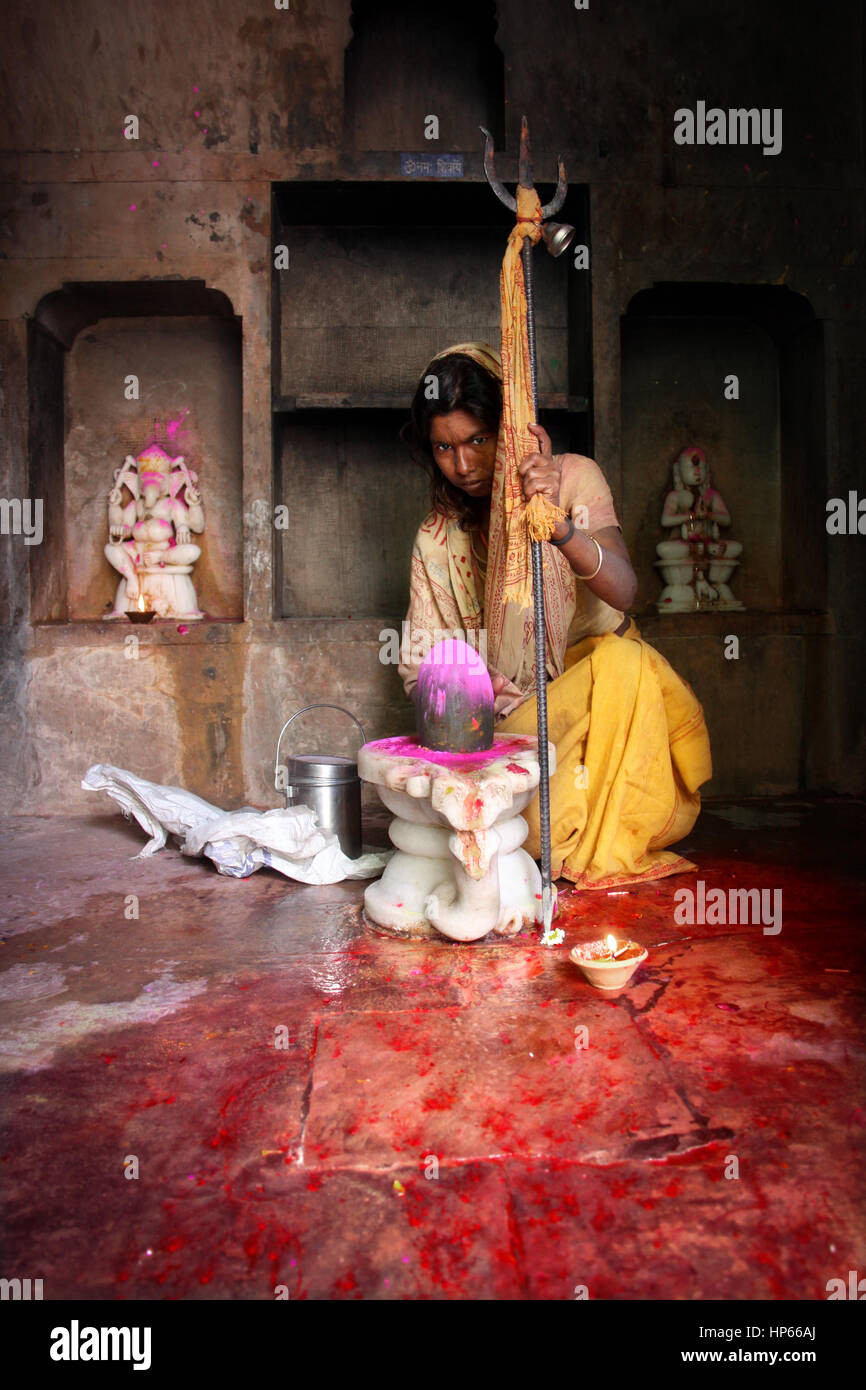 Portrait der indischen Frau im Tempel mit Shiva Lingam während Holi feiern in Vrindavan, Indien Stockfoto