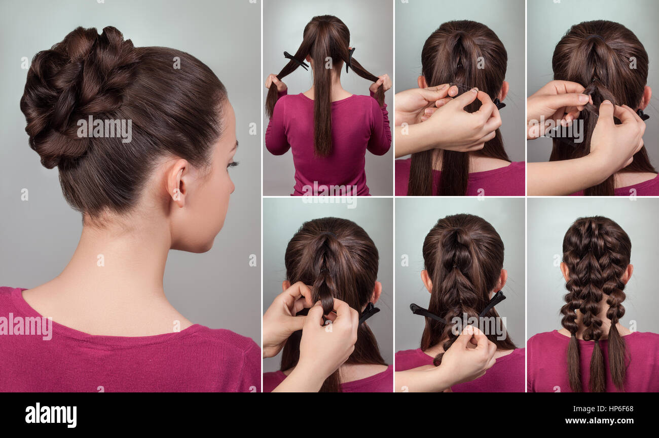 Einfache Elegante Frisur Tutorial Hochsteckfrisur Fur Mittlere Und Lange Haare Brunette Frau Mit Abend Frisur Brotchen Stockfotografie Alamy