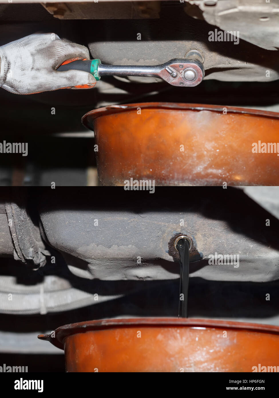 Schmutzige Altöl ablassen von unter einem Auto beim Ölwechsel. Nahaufnahme von Öl ablassen in Container nach Mann entfernt Bolzen beim Wechsel von o Stockfoto