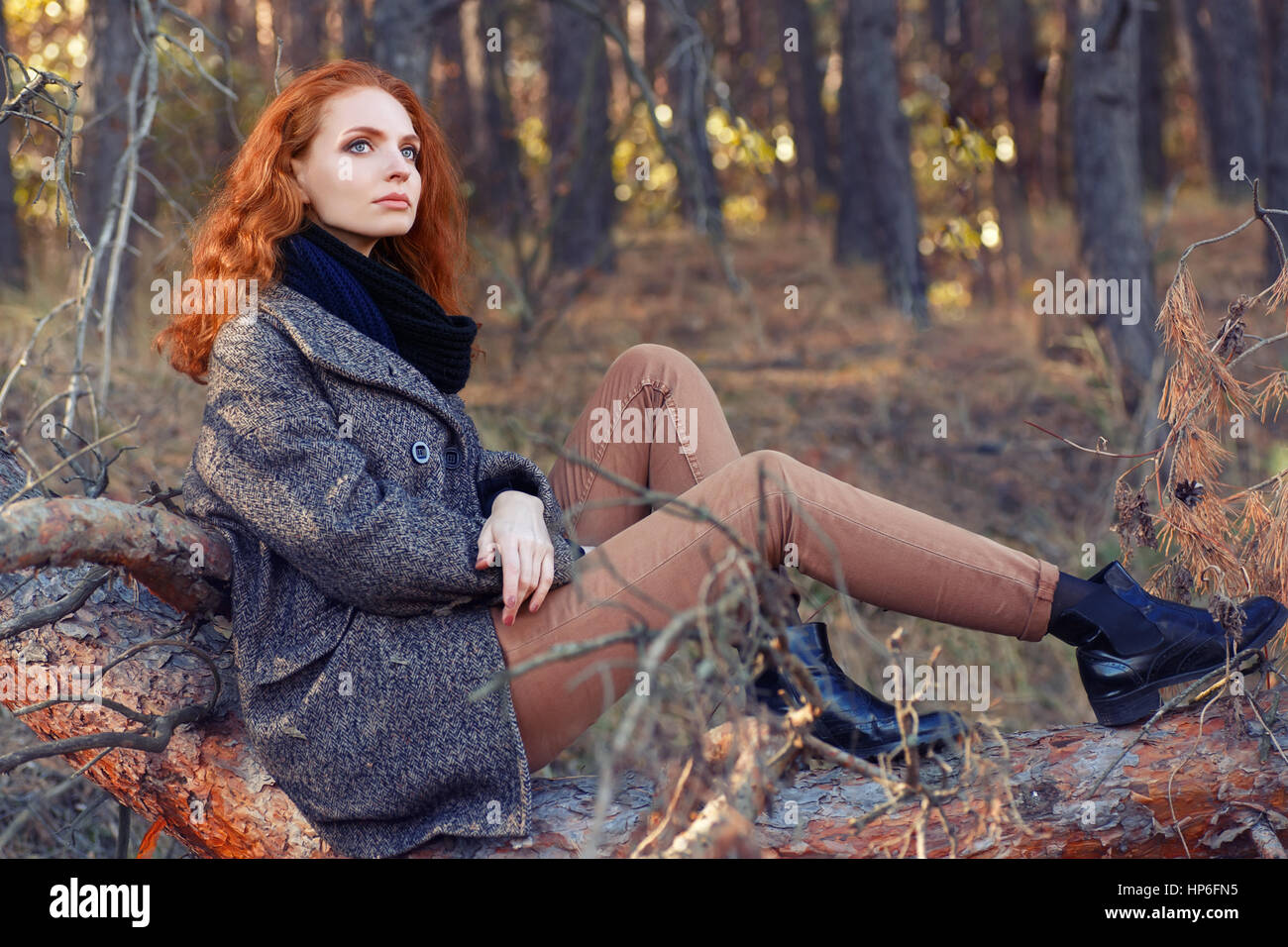 Schöne elegante rothaarige Frau sitzend auf Baumstamm im herbstlichen Wald. Rothaarige Mädchen im Herbst Kleidung in den Wald. Rothaarige Frau outdoor im Herbst park Stockfoto