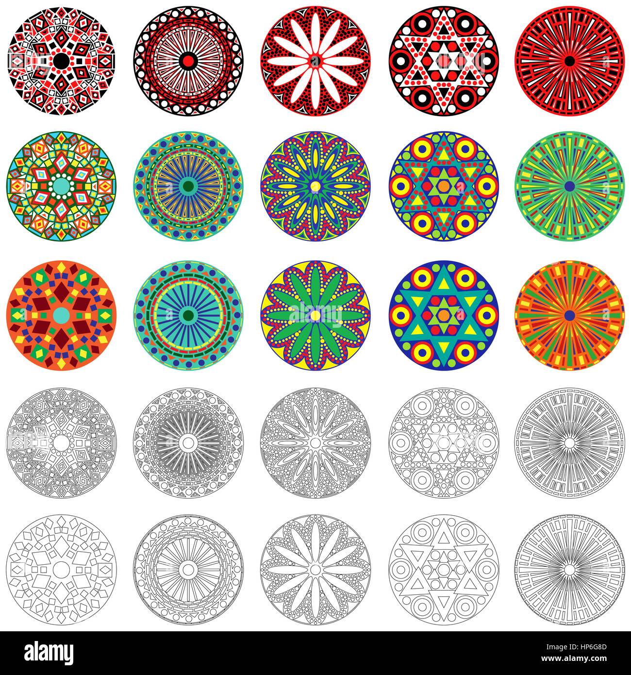 Satz von fünfundzwanzig farbigen und monochromen stilisierte geometrische Runde Blumen, Vektor-illustration Stock Vektor