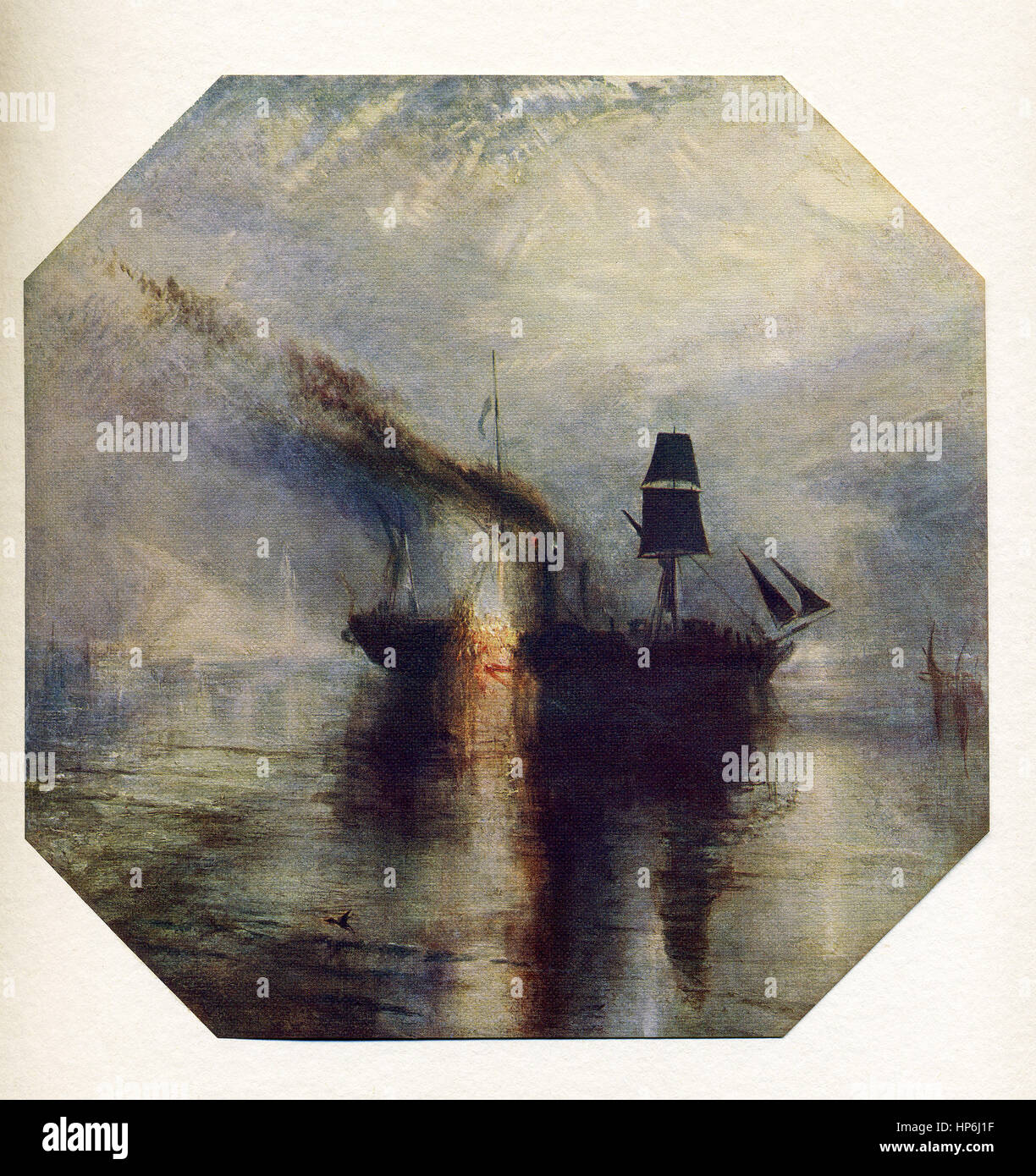 Dieses Gemälde mit dem Titel "Frieden" ist des englischen Künstlers Joseph M.W. Turner (1775-1851). Die Szene zeigt die Beerdigung von Sir David Wilkie, der auf See vor Gibraltar plötzlich gestorben ist, und das Bild ist Turner Tribut an die Erinnerung seines Freundes, dessen Körper in die Tiefe in einer Flamme der Lichterprozession absenken. Die Beerdigung Schwarz der Segel empfiehlt dringend die Idee der Trauer. Als ein Colorist Stand Turner allein die Schönheit von Meer und Himmel und Atmosphäre zu reproduzieren. Stockfoto