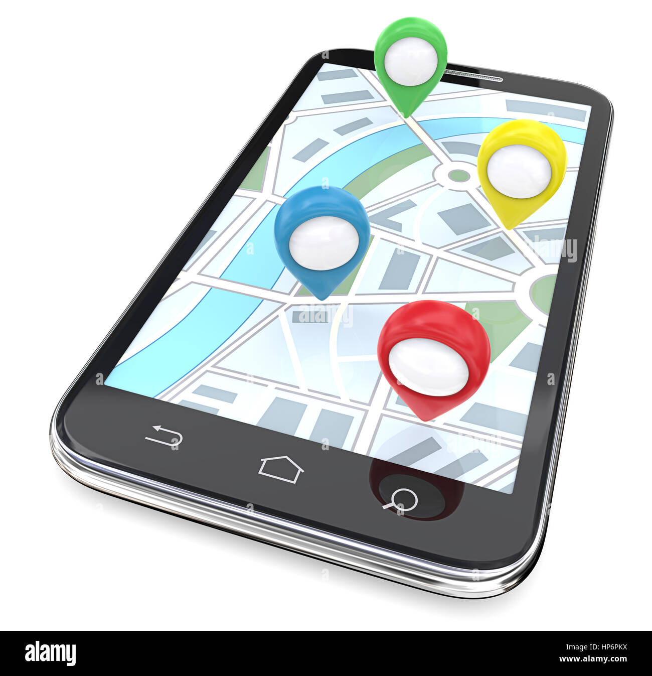 Smartphone mit GPS-Zeiger auf dem Bildschirm-Anzeige-Map. Ansicht von oben. 3D Render. Stockfoto