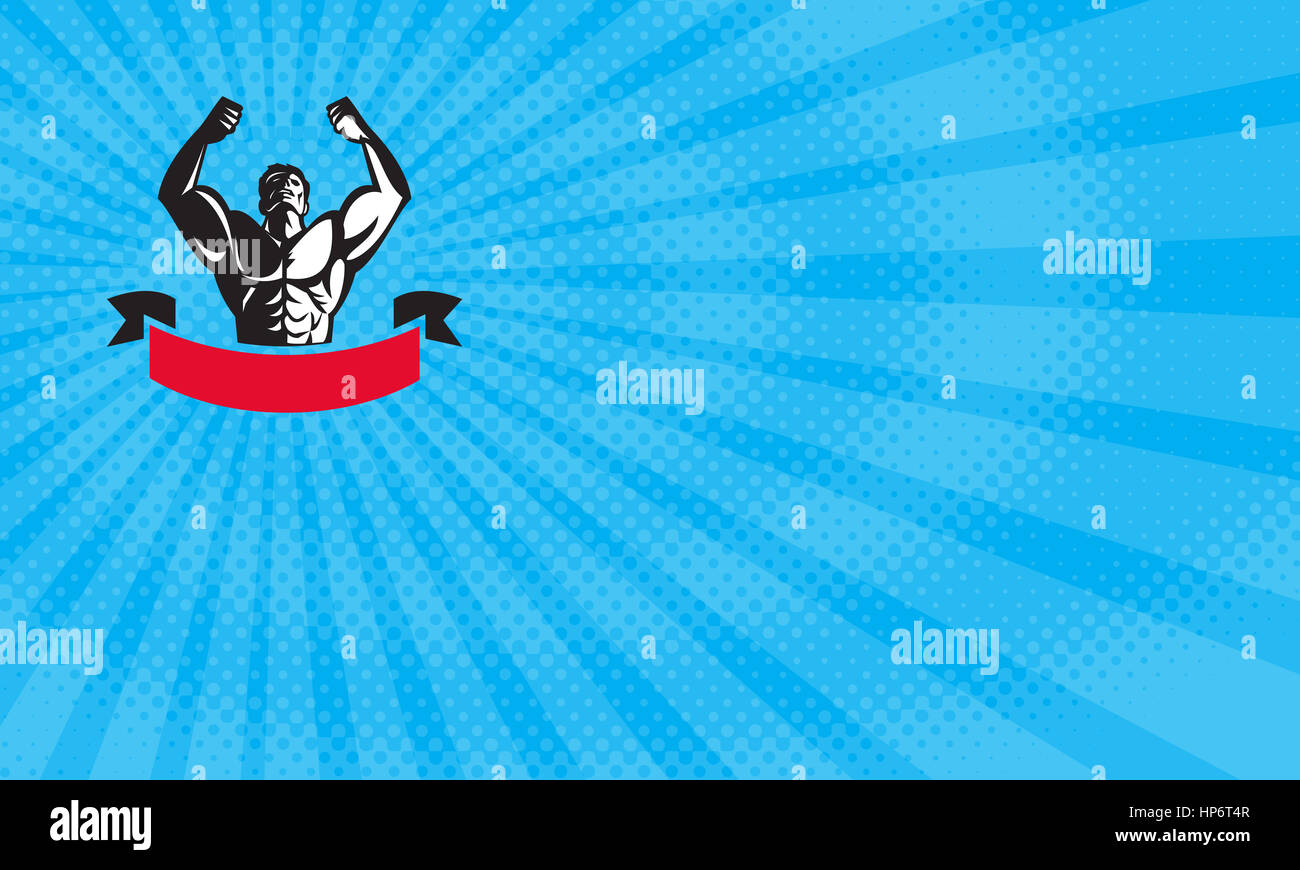 Visitenkarte zeigt Abbildung von einem männlichen Bodybuilder Muskeln Nachschlagen von vorne mit Banner gemacht im retro-Stil betrachtet. Stockfoto
