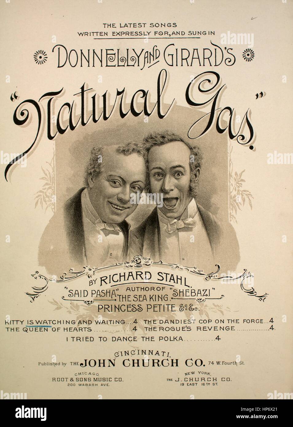 Titelbild des Liedes 'The Latest Songs written expressly for, and Sung in Donnelly and Girards 'Natural Gas' Kitty is watching and Waiting', mit Originalnotizen zur Autorenschaft mit der Aufschrift 'Words by Webster C Fulton Music by Richard Stahl', USA, 1891. Der Verlag wird als "John Church Co., 74 W. Fourth St." aufgeführt, die Form der Komposition ist "trophisch mit Chor", die Instrumentierung ist "Klavier und Stimme", die erste Zeile lautet "Es gibt eine Flut von Sonnenlicht, ein Bänentrauben und das süßeste Parfüm füllt die Luft", Und der Künstler der Illustration wird als 'None' aufgeführt. Stockfoto