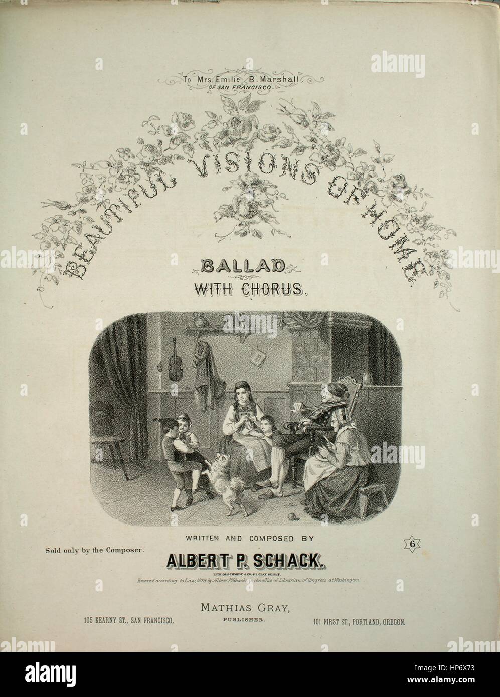 Titelbild der Noten des Liedes "Schöne Visionen von Hause Ballade mit Chor", mit ursprünglichen Autorschaft Noten reading "Geschrieben und komponiert von Albert P Schack", USA, 1876. Der Verlag als "Mathias Gray, 105 Kearny St." aufgeführt ist, die Form der Komposition ist "strophische mit Chor", die Instrumentierung ist "Klavier und Gesang (Solo und Satb Chor)", die erste Zeile lautet "Schöne Visionen der Phantasie kommen über mich, schöne Visionen von zu Hause", und der Abbildung Künstler als 'None' aufgeführt ist. Stockfoto