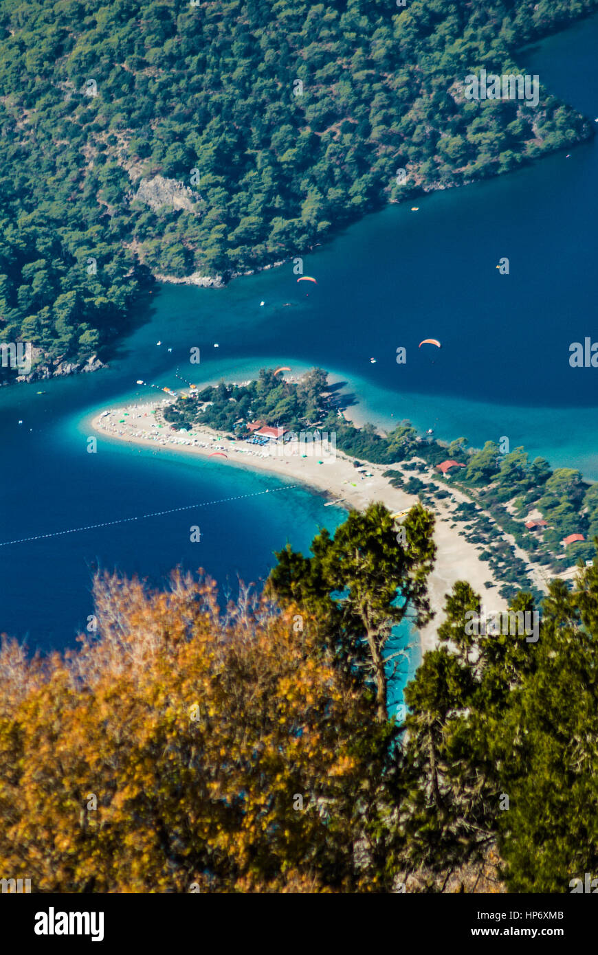 Oludeniz Blue Lagoon View, Welten am besten Strand Ölüdeniz Türkei Fethiye, Ölüdeniz Kumburnu Plaji, Meer Urlaub Stockfoto