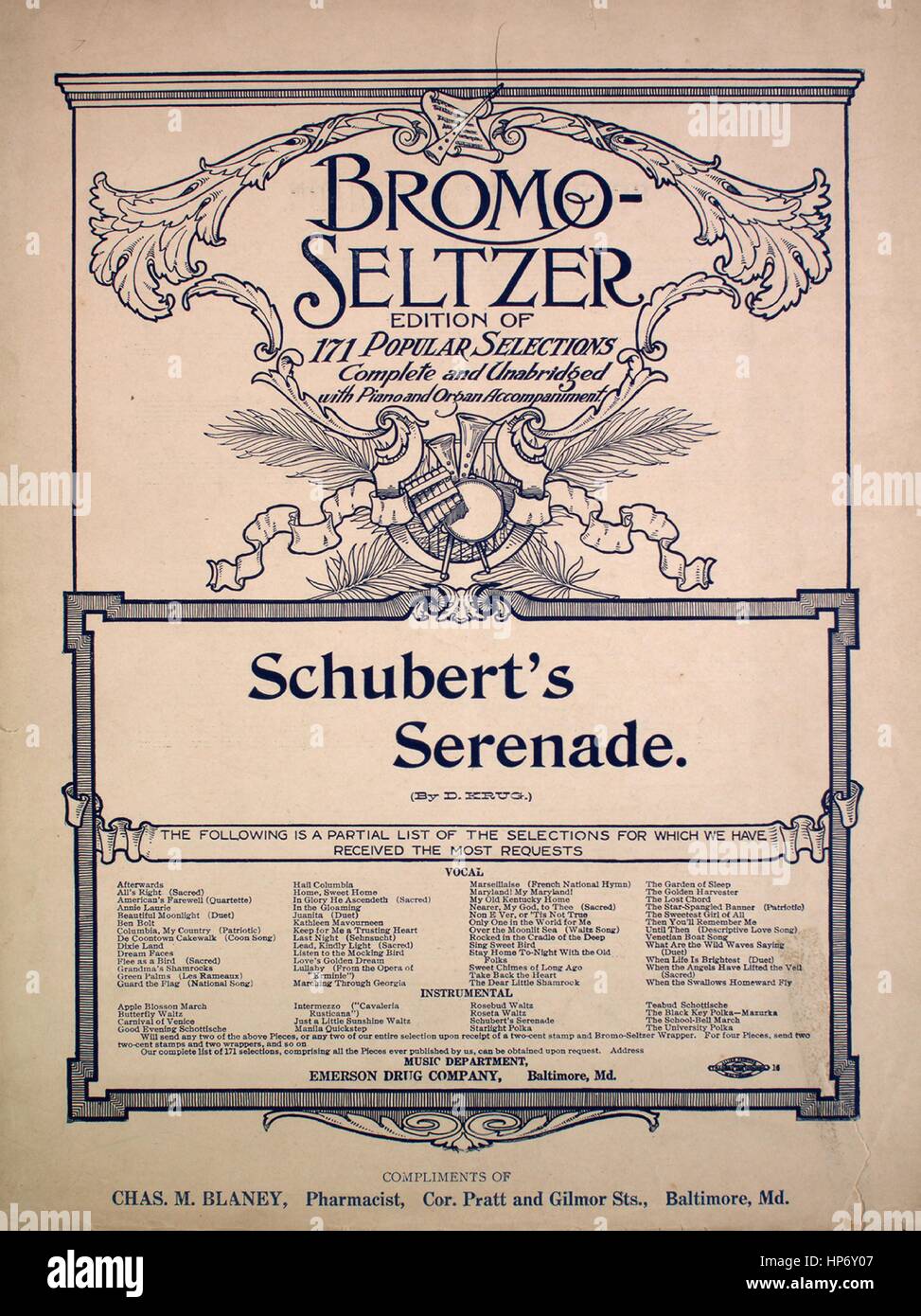 Titelbild der Noten des Liedes "Bromo-Seltzer Ausgabe von 171 beliebte Auswahl vollständig und ungekürzt mit Klavier und Orgel Begleitung Schubert Serenade", mit ursprünglichen Autorschaft Noten lesen "Von D Krug", USA, 1900. Der Verlag als "Musik-Abteilung, Emerson Pharmafirma" aufgeführt ist, die Form der Komposition ist "durchkomponiert", die Instrumentierung ist "Klavier", liest die erste Zeile 'None' und der Abbildung Künstler als 'None' aufgeführt ist. Stockfoto