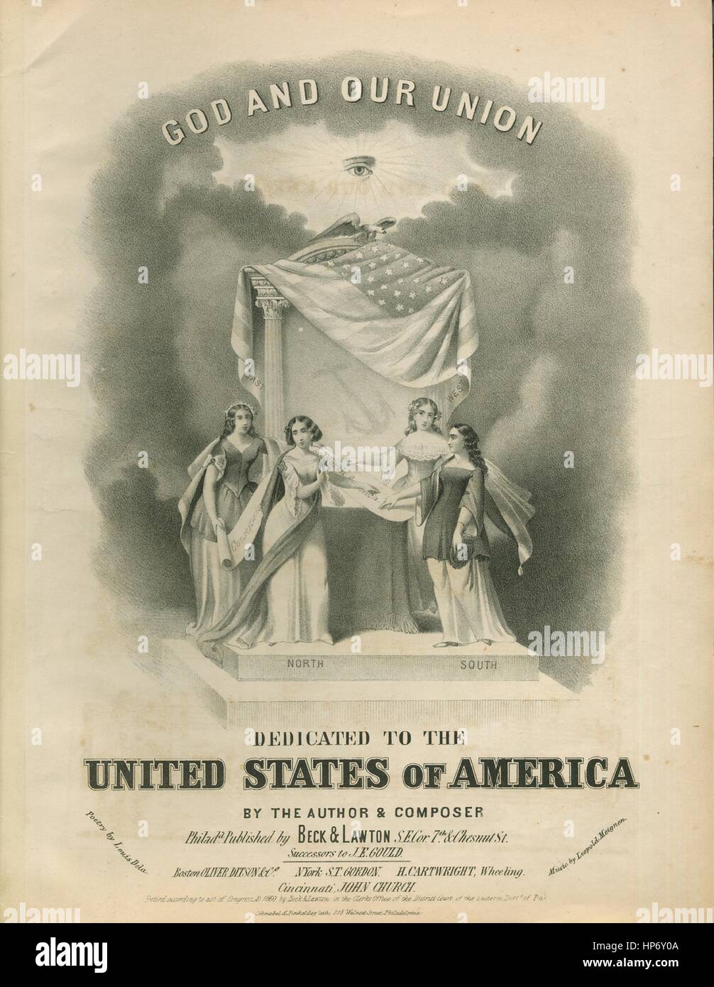 Noten-Cover-Bild des Liedes "Gott und unsere Union die Hymne der Freiheit", mit ursprünglichen Autorschaft Noten lesen "Poesie von Louis Dela Music von Leopold Meignen", USA, 1860. Der Verlag als "Beck und Lawton, S.E. Kor 7. Chesnut ST." aufgeführt ist, die Form der Komposition ist "strophische mit Chor", die Instrumentierung ist "Klavier und Stimme", die erste Zeile lautet "Land unserer Väter, von Unterwerfung redeem'd" und der Abbildung Künstler als "Schnabel und Finkeldey Lith 218 Walnut Street Philadelphia" aufgeführt ist. Stockfoto