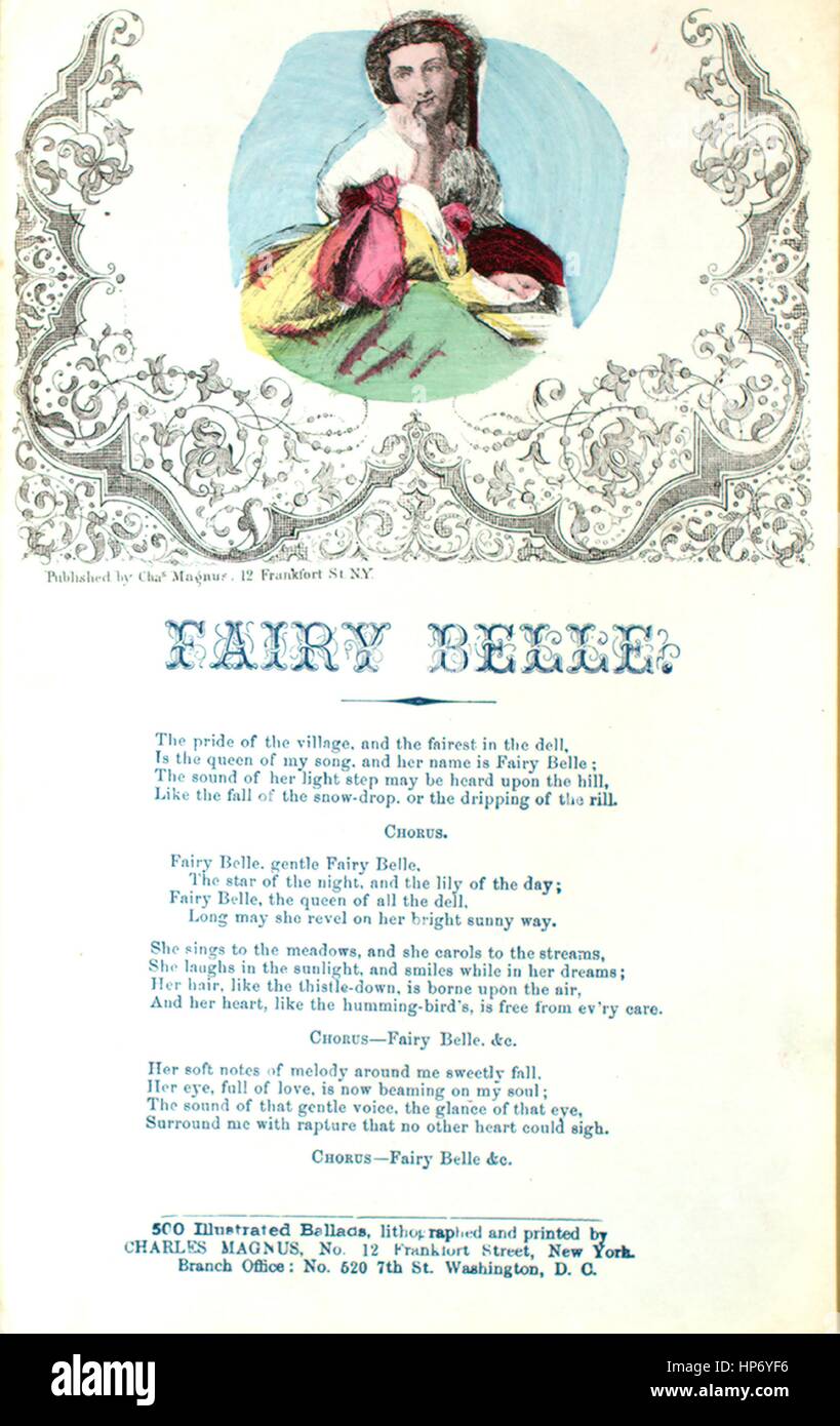 Noten-Cover-Bild des Liedes "Lied Blatt Fairy Belle", mit ursprünglichen Autorschaft Noten lesen "Na", USA, 1900. Der Verlag als "Charles Magnus, Nr. 12 Frankfort St." aufgeführt ist, die Form der Komposition ist "strophische mit Chor", die Instrumentierung ist "Na", die erste Linie liest "Den Stolz des Dorfes, und die schönste in der Dell" und der Abbildung Künstler als 'None' aufgeführt ist. Stockfoto