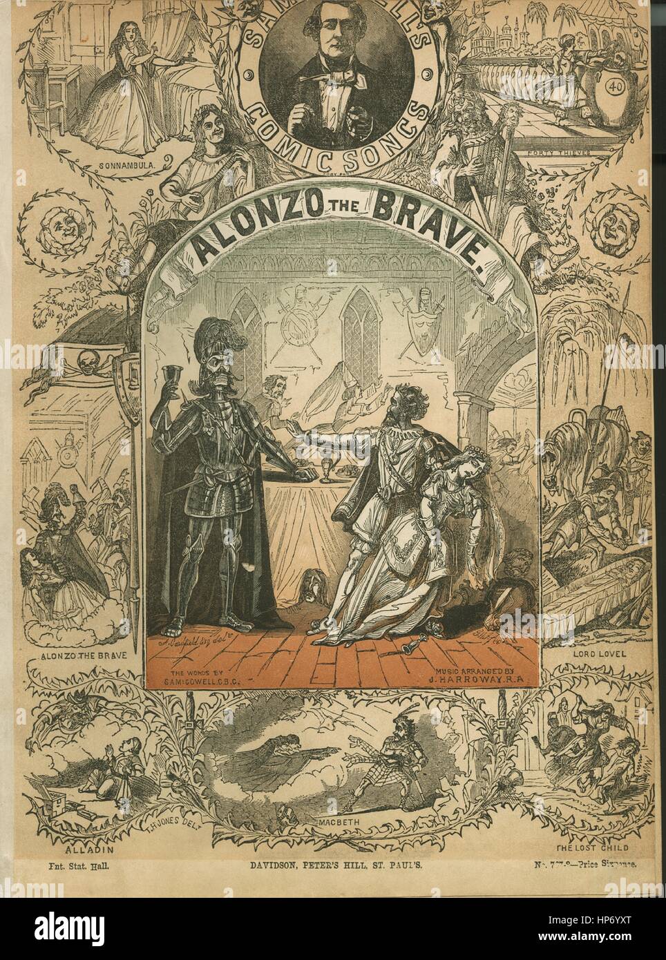 Titelbild des Liedes 'Alonzo the Brave and the Fair Imogine', mit Originalnotizen zur Autorenschaft mit der Aufschrift 'The Words by Sam Cowell, CBC; Music arranged by J Harroway, RA', 1900. Der Verlag ist aufgeführt als "David, Peter's Hill, St. Paul", die Form der Komposition ist "durch-komponiert; zitiert mehrere Melodien, [zB 'Old English Gentleman', 'Sprig of Shillelah' und 'The Mistletoe Bough'].', die Instrumentierung ist 'Piano and Voice', die erste Zeile lautet 'Oh, I am going to sing you a Story, which I incure you all Know', und der Illustrationskünstler wird als 'A.. Caulfield, E Stockfoto