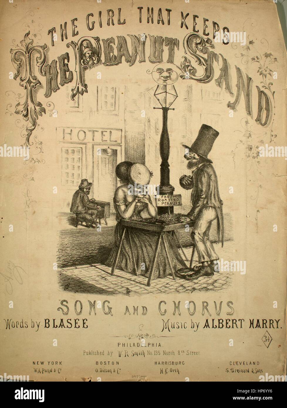 Titelbild der Noten des Liedes "Das Mädchen, das die Erdnuss Stand hält", mit ursprünglichen Autorschaft Noten lesen "Worte Blasee Musik von Albert Harry", USA, 1868. Der Verlag als "W.r. Smith, Nr. 135 North 8th Street" aufgeführt ist, die Form der Komposition ist "strophische [?]", die Instrumentierung ist "Klavier und Stimme", liest die erste Zeile "ich wandern würde den anderen Tag, entlang dem Fluss Strang unten", und der Abbildung Künstler wird als "Lith. T. Sinclair" aufgeführt. Stockfoto