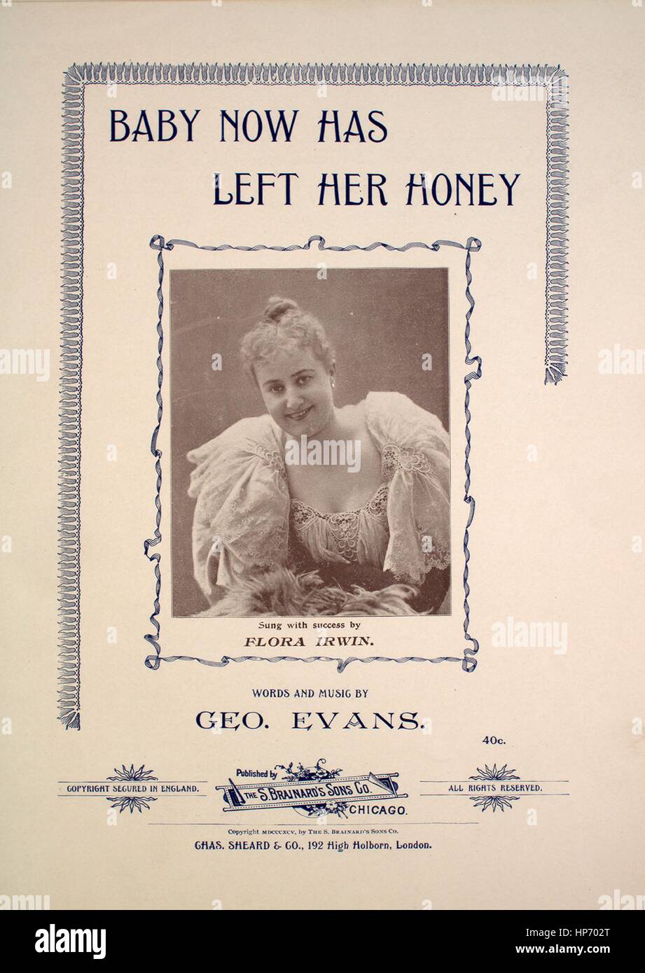 Noten-Cover-Bild von den Song "Baby jetzt hat links ihr Geld", mit ursprünglichen Autorschaft Noten reading "Worte und Musik von Geo Evans", USA, 1895. Der Verlag als "The S. Brainard Sons Co." aufgeführt ist die Form der Komposition ist "strophische mit Chor", die Instrumentierung ist "Klavier und Stimme", die erste Linie liest "Susan Brown ist eine farbige gal, die süßeste ich je gesehen habe" und der Abbildung Künstler aufgeführt als "Unattrib. Foto von Geo. Evans. Stockfoto