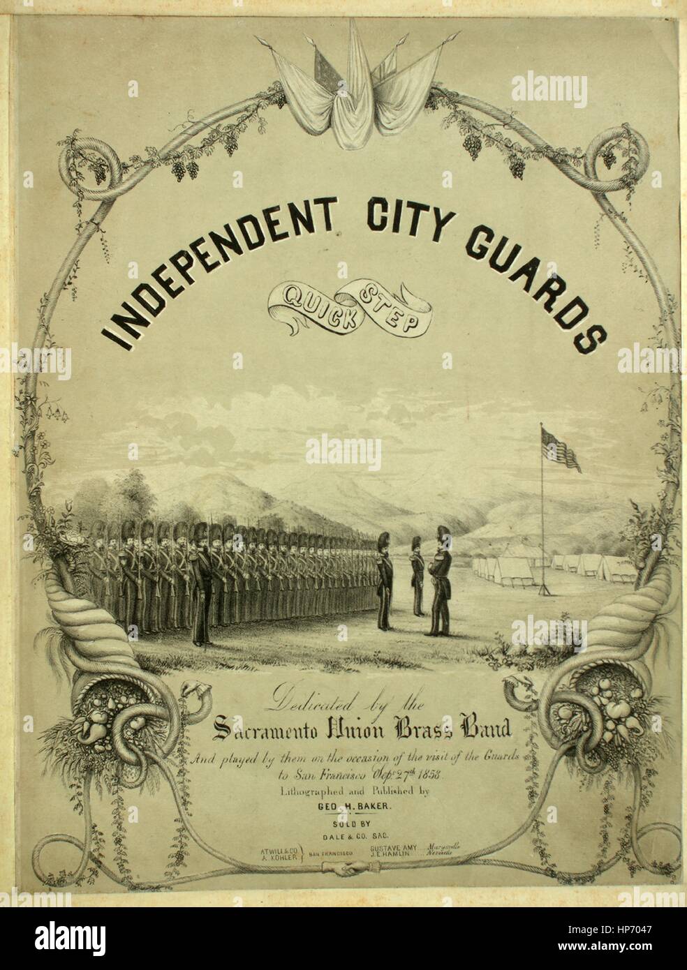 Noten-Cover-Bild des Liedes "Unabhängige Stadt Wachen Quick Step" mit ursprünglichen Autorschaft Noten lesen "Na", 1889. Der Verlag als "H. Baker Geo." aufgeführt ist, die Form der Komposition ist "Schnitt", die Instrumentierung ist "Klavier", liest die erste Zeile 'None' und der Abbildung Künstler als "Lithographed von Geo. H. Baker" aufgeführt ist. Stockfoto