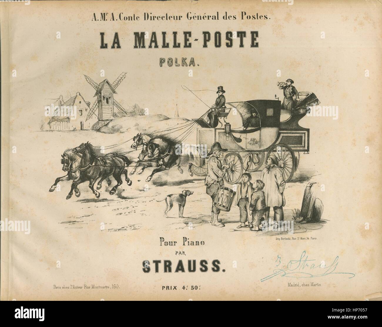 Noten-Cover-Bild des Liedes "La Malle Poste Polka Pour Piano", mit ursprünglichen Autorschaft Noten lesen "Par Strauss", Frankreich, 1900. Der Verlag als "chez l'Auteur Rue Montmartre, 160" aufgeführt ist, die Form der Komposition ist "Schnitt", die Instrumentierung ist "Klavier", liest die erste Zeile "None" und der Abbildung Künstler als "Imp Bertauts, Rue St. Marc, 14 Paris" aufgeführt ist. Stockfoto