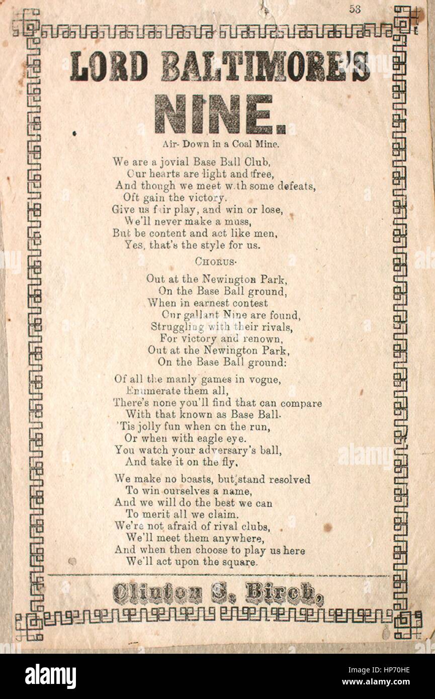 Noten-Cover-Bild des Liedes 'Lied Blatt Lord Baltimore neun', mit ursprünglichen Autorschaft Noten lesen "Luft nach unten in einem Kohlebergwerk", 1900. Der Verlag als "Clinton S. Birch" aufgeführt ist, die Form der Komposition ist "strophischen", die Instrumentierung ist "Na", die erste Zeile lautet "Wir sind eine fröhliche Base Ball Club" und der Abbildung Künstler als 'None' aufgeführt ist. Stockfoto