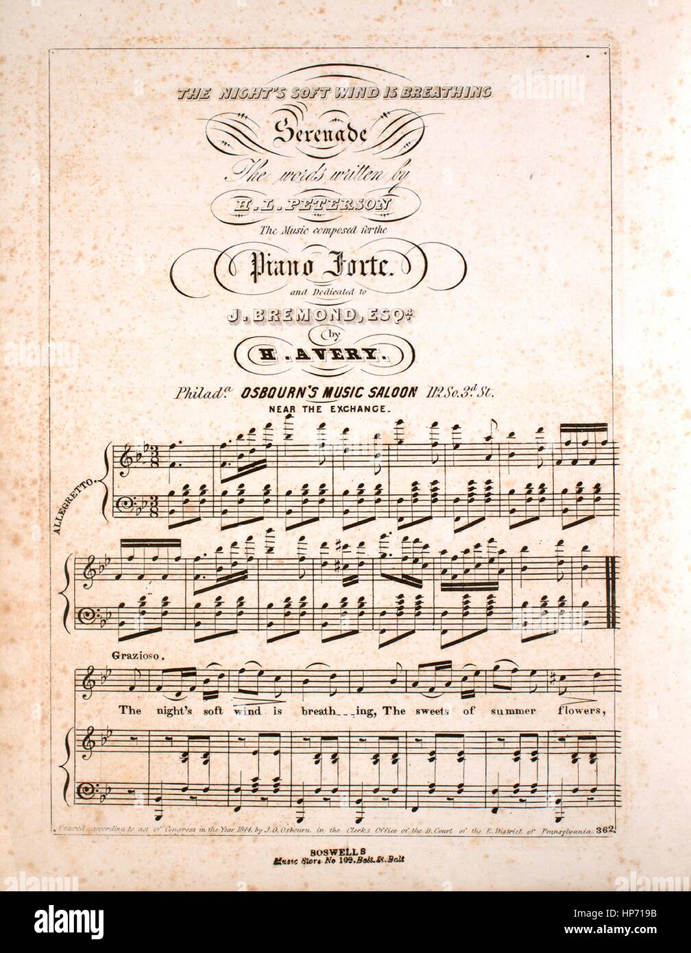 Sheet Music cover Bild des Liedes "The Soft Nachtwind ist atmen Serenade", mit ursprünglichen Autorschaft Noten lesen, "Die Worte geschrieben von HL Peterson die Musik komponiert für das Piano-Forte", USA, 1844. Der Verlag wird als aufgeführt "Osbourns Musik Saloon, 112 so. 3D. St., in der Nähe von the Exchange ", die Form der Komposition ist"strophische mit Chor", die Instrumentierung ist"Klavier und Stimme", die erste Linie liest"weichen Nachtwind ist die Atmung, der Süßigkeiten von Sommerblumen", und der Abbildung Künstler als 'None' aufgeführt ist. Stockfoto