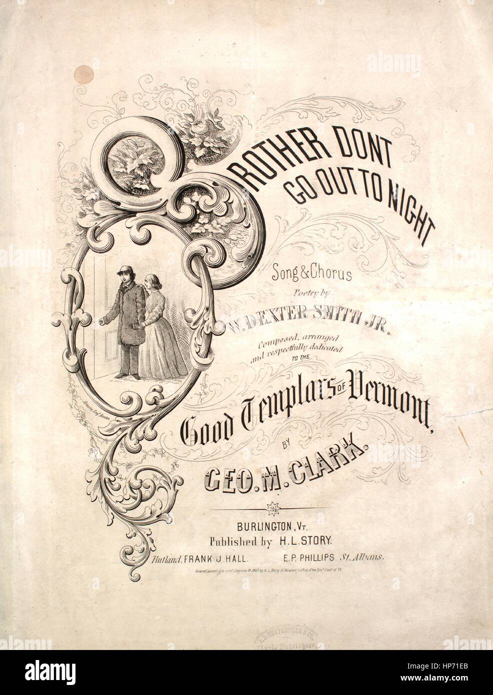 Sheet Music bedecken Bild des Liedes "Bruder Don't gehen, zu Nachtlied und Chor", mit ursprünglichen Autorschaft Notizen lesen 'Poesie von W Dexter Smith, Jr. komponiert, arrangiert von Geo M Clark', 1867. Der Verlag als "H.l. Story" aufgeführt ist die Form der Komposition ist "strophische mit Chor", die Instrumentierung ist "Klavier und Stimme", die erste Linie liest "Bruder nicht bis abends ausgehen, zu Hause bleiben bitte mit Mutter" und der Abbildung Künstler aufgeführt als "Greene Dipl., Boston; W. Davenport ". Stockfoto