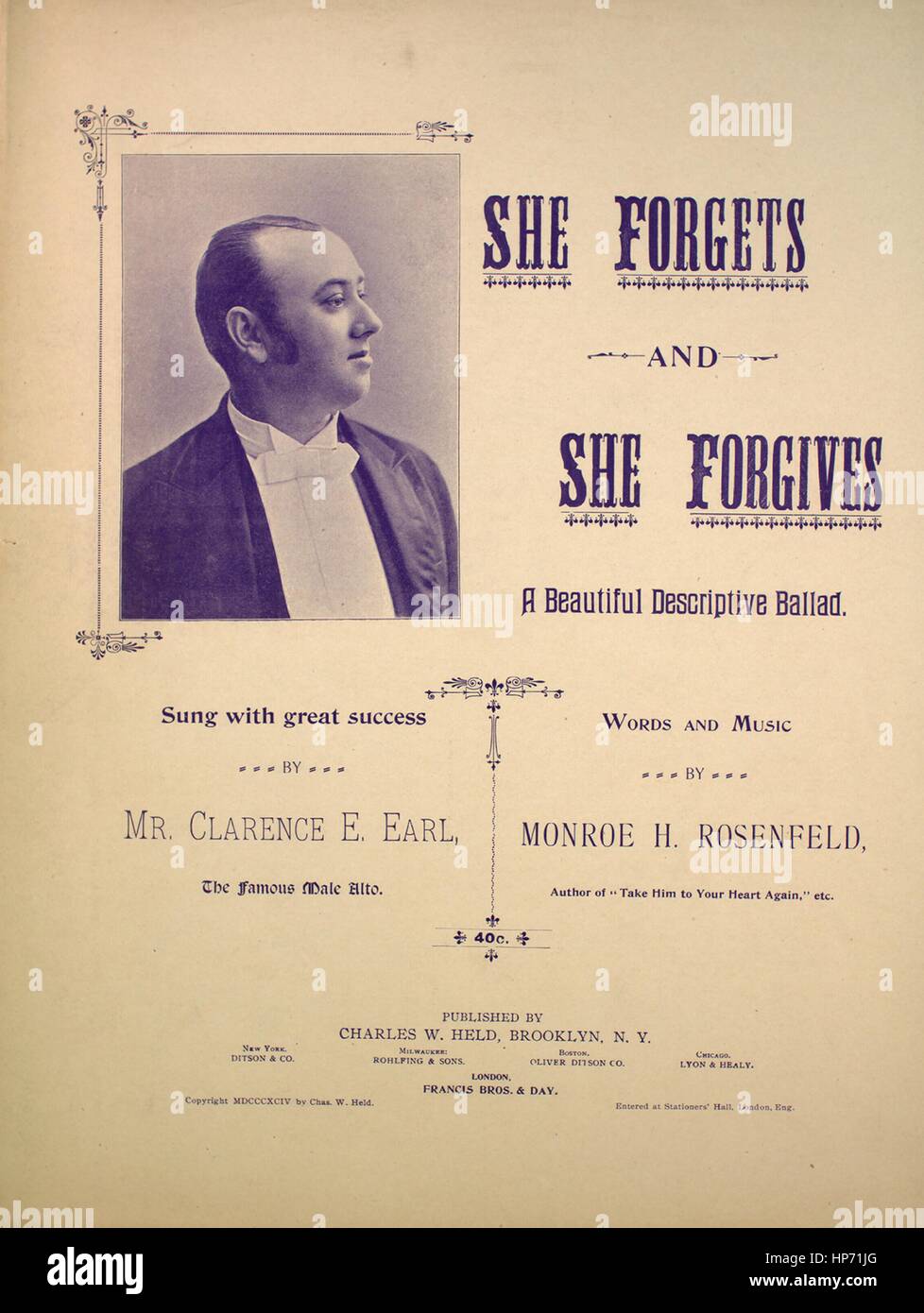 Sheet Music cover Bild des Liedes "vergisst und sie vergibt eine schöne beschreibende Ballade", mit ursprünglichen Autorschaft Noten reading "Worte und Musik von Monroe H Rosenfeld", 1894. Der Herausgeber ist als "Charles W. Held" aufgeführt, die Form der Komposition ist "strophische mit Chor" die Instrumentierung ist "Klavier und Stimme", die erste Linie liest "In einer bescheidenen Hütte wohnen, liegt eine Frau blass und fair" und der Abbildung Künstler ist als "Unattrib. Foto von Mr Clarence E. Earl ". Stockfoto