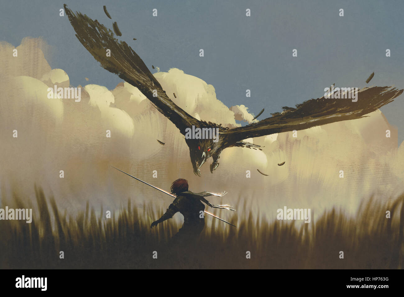 der große Adler-Angriff der Krieger von oben in einem Feld, Illustration, Malerei Stockfoto