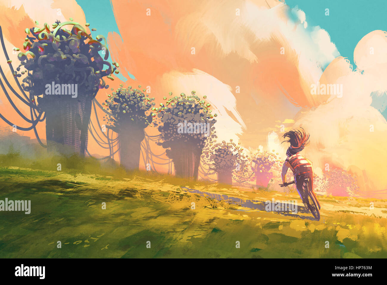 Radfahrer, die mit dem Fahrrad in ein Feld mit Fantasie Baum und bunten Himmel, Illustration, Malerei Stockfoto