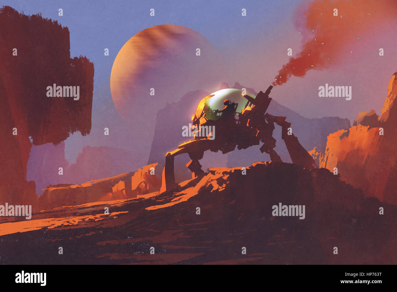 Sci-Fi-Szene des Mannes in das Roboterfahrzeug auf roten Planeten, Illustration, Malerei Stockfoto