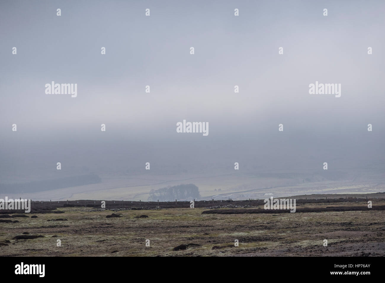 Moody, Blick vom Redmire Moor im Nebel, Wensleydale, Yorkshire Dales, Nordengland Stockfoto