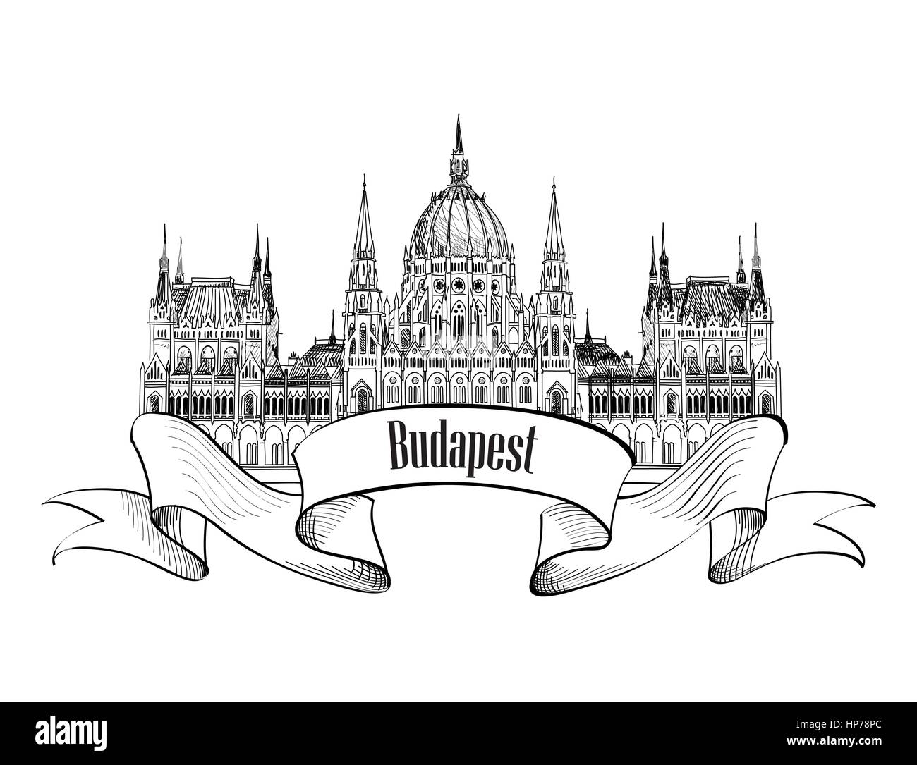 Budapest City Symbol. Budapester Parlament Gebäude, Ungarn. handzeichnung Vektor Skizze Stock Vektor