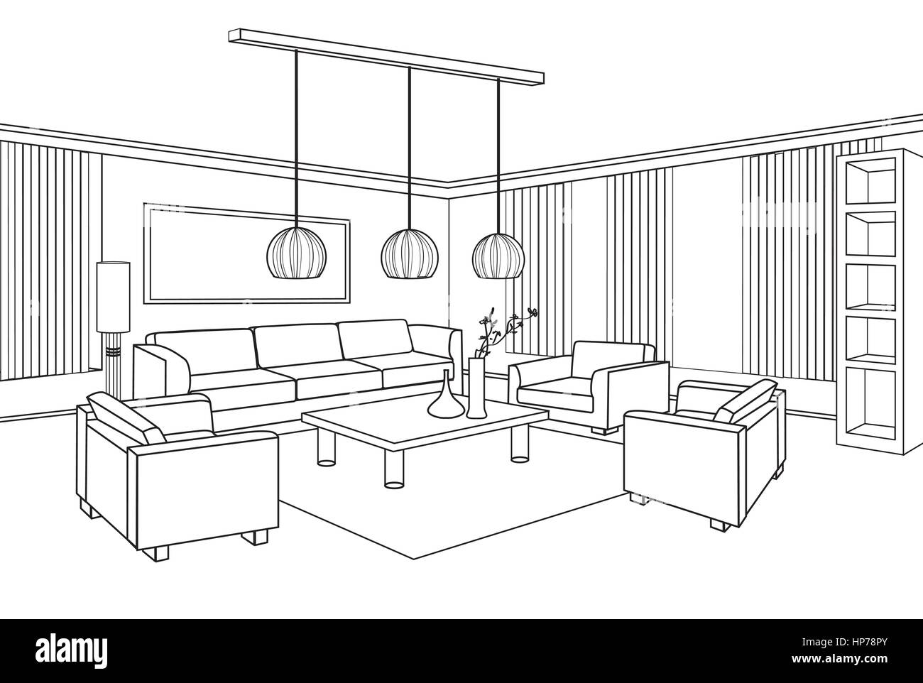 Wohnzimmer Blick. Interior skizzieren Skizze. Möbel Blaupause. Stock Vektor