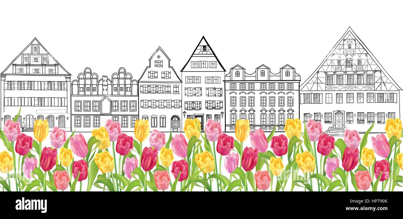 Amsterdam Street auf Sehenswürdigkeit. Gebäude und Tulpe Blumen. Reisen Niederlande Hintergrund. Nahtlose Blumenstadt Grenze Stock Vektor