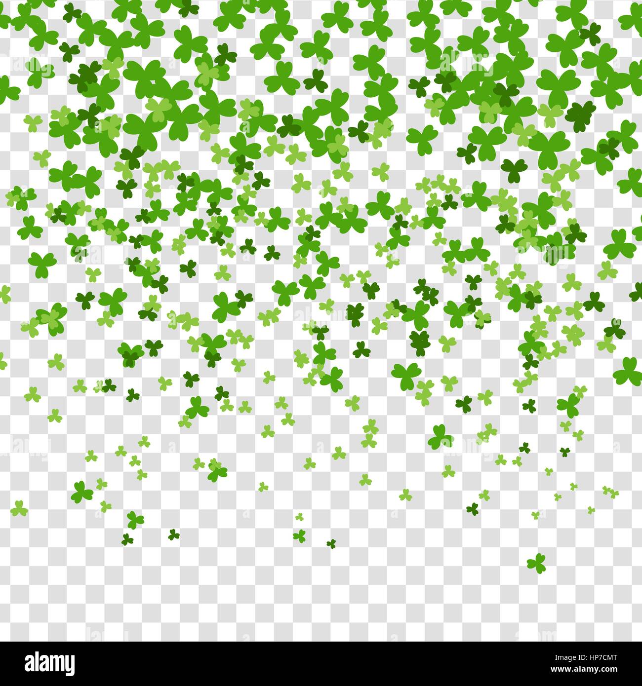 Vektor-Illustration. Gruß glücklich St. Patricks Day. Grünen Klee zufällig fallen auf transparentem Hintergrund. Irische Zeichen und Symbol des Glücks. Stock Vektor