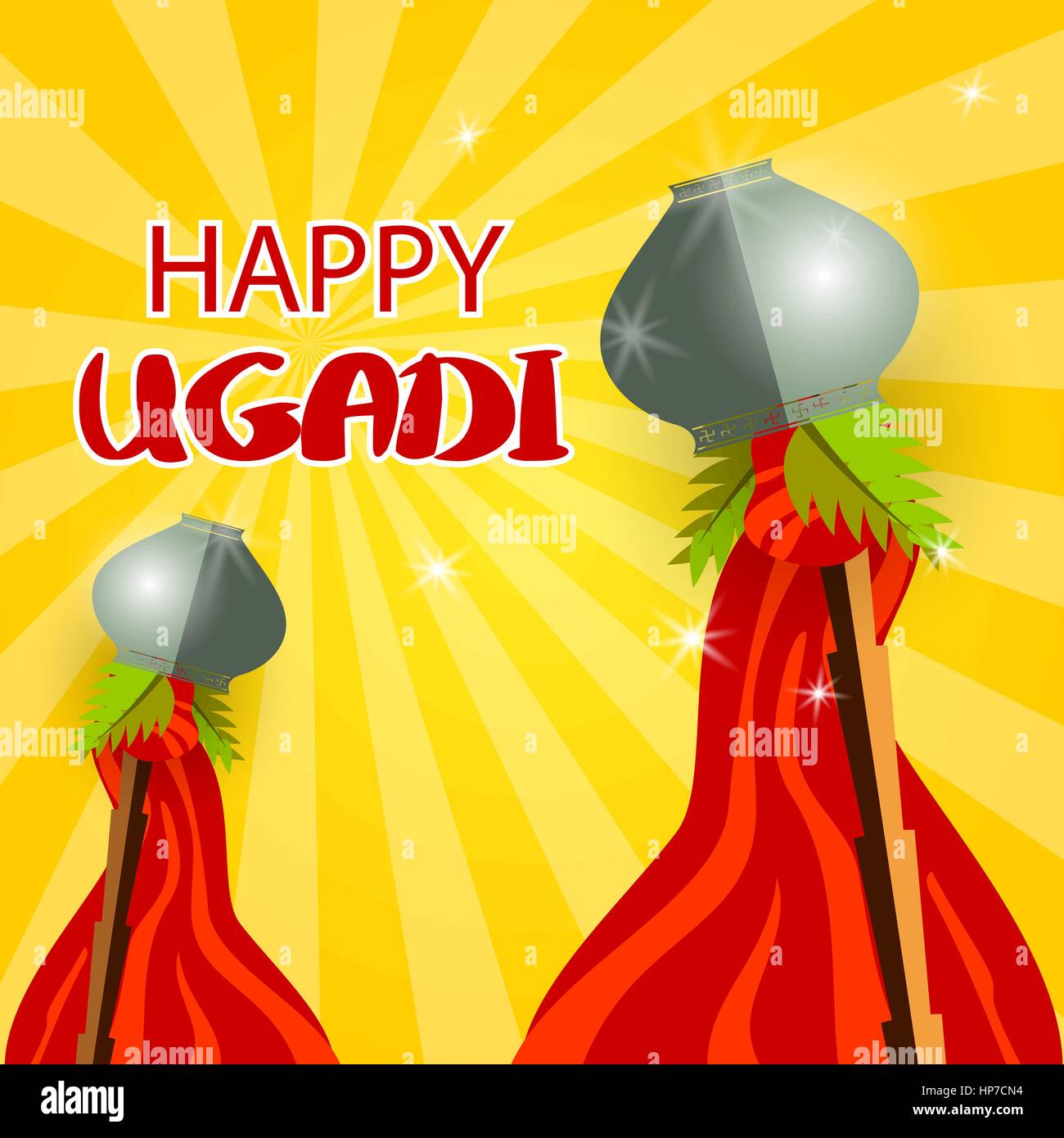 Glücklich Ugadi Feier von Indien. Vector Illustration Hintergrund glücklich Gudi Padwa Schriftzug. Vorlage Grußkarte Urlaub. Graue festliche Topf, Bambus, Stock Vektor