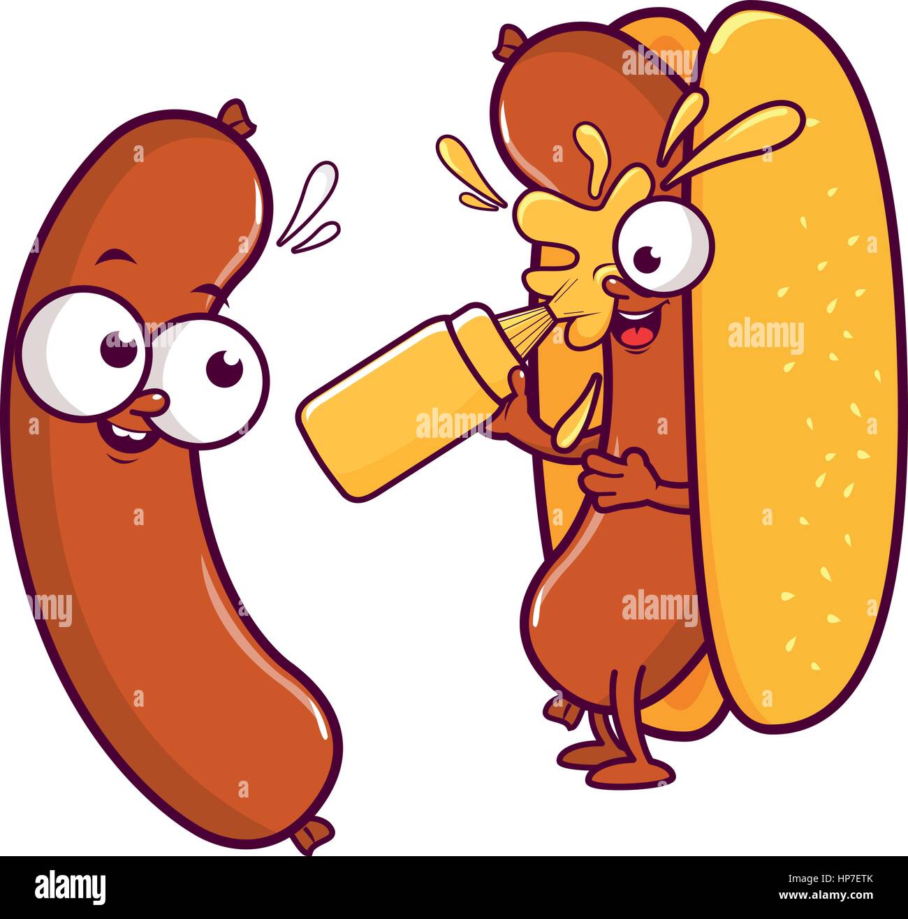 Vektor-Illustration eine Cartoon-Wurst und ein Hot-Dog-Charakter halten Sie eine Flasche von Senf und spritzt sich mit Sauce. Stock Vektor