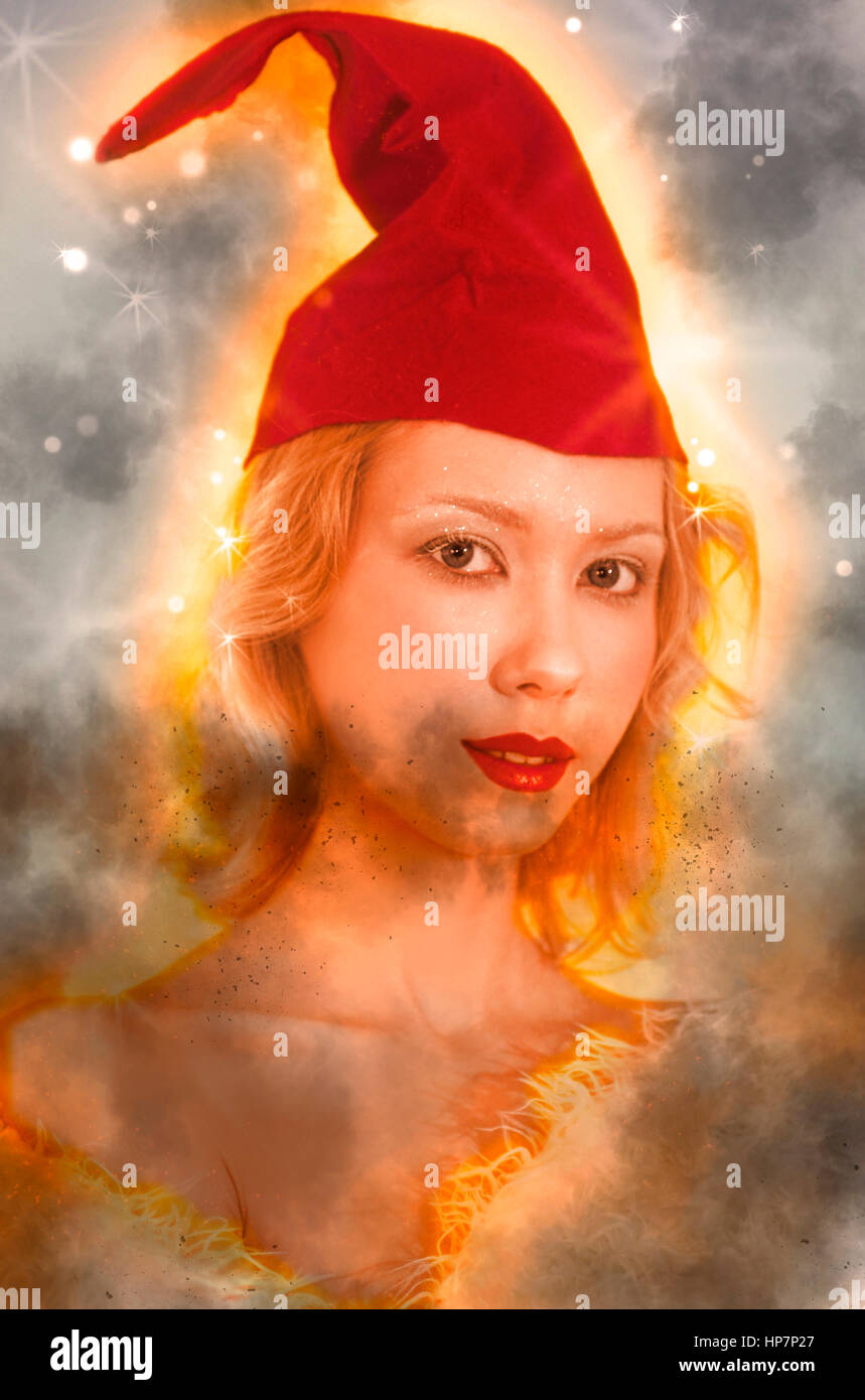 Digital Imagegewinn einer jungen blonden Frau mit roter Mütze Stockfoto
