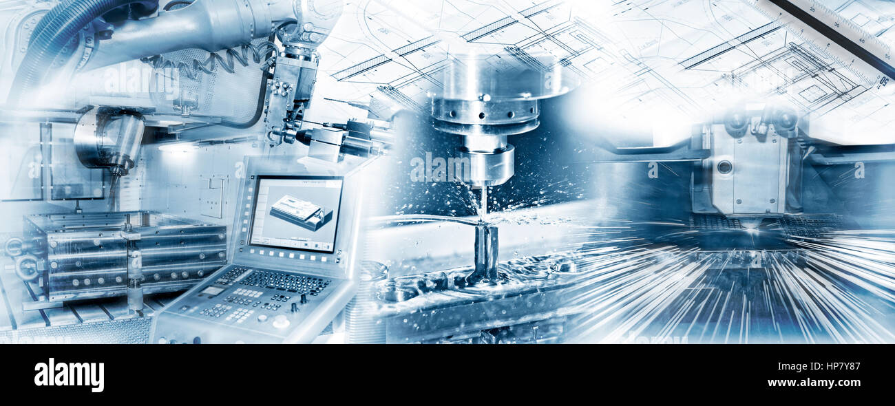 Produktion mit CNC-Maschine, Bohren und Schweißen und Konstruktionszeichnung im Industrieeinsatz. Stockfoto