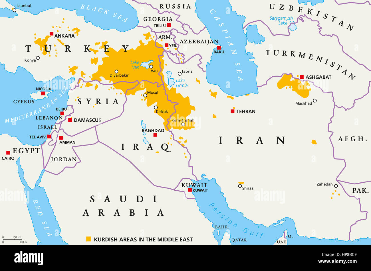 Kurdischen Gebiete im Nahen Osten, politische Karte. Länder mit ihren Hauptstädten, nationale Grenzen und wichtigen Städten. Kurdischen Gebieten in der Farbe orange. Stockfoto