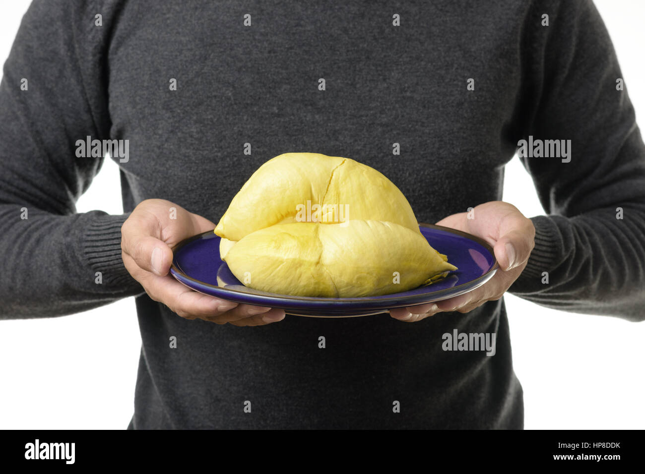 Closeup gelbe Reife Mon Thong Durian in Platte Stockfoto