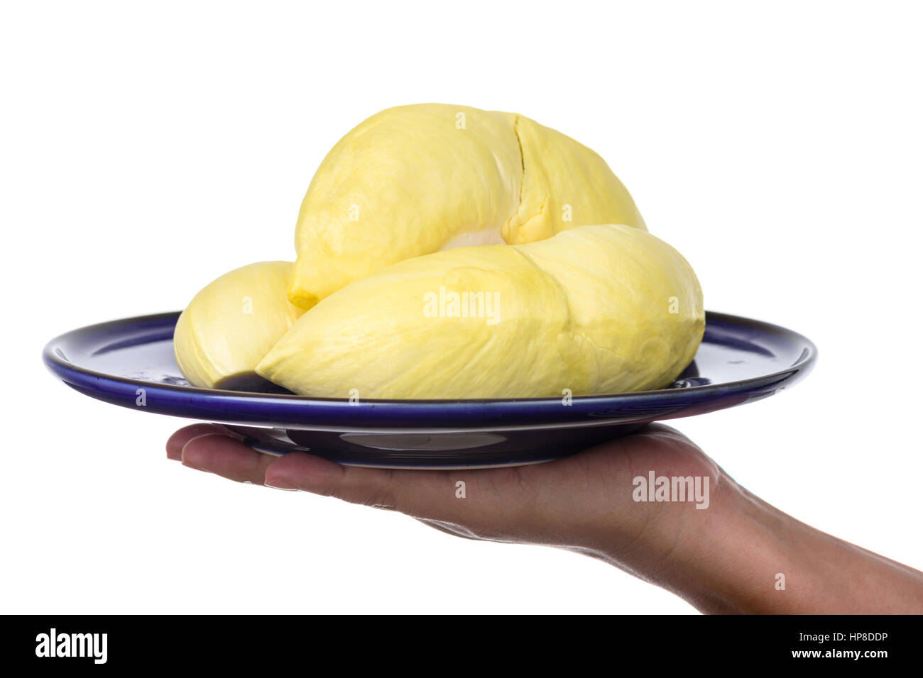Closeup gelbe Reife Mon Thong Durian in Platte Stockfoto