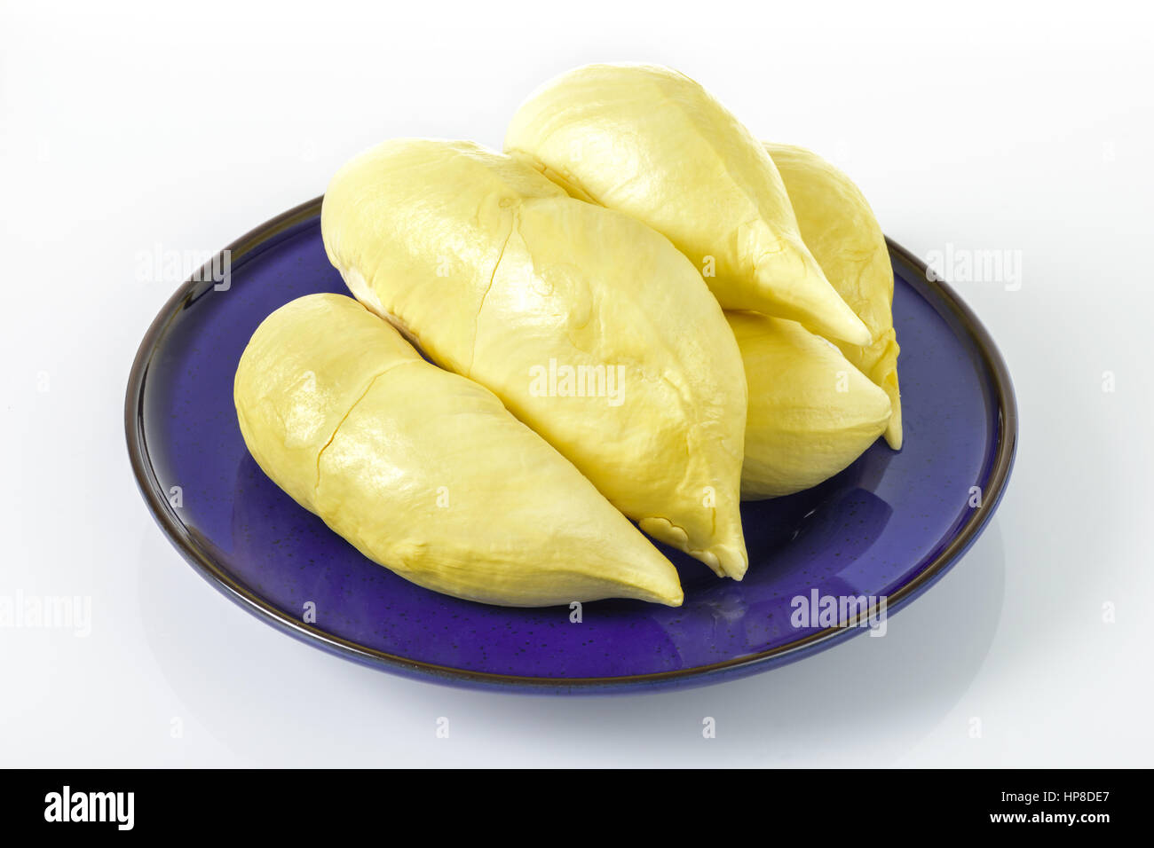 Closeup gelbe Reife Mon Thong Durian in Platte Stockfoto