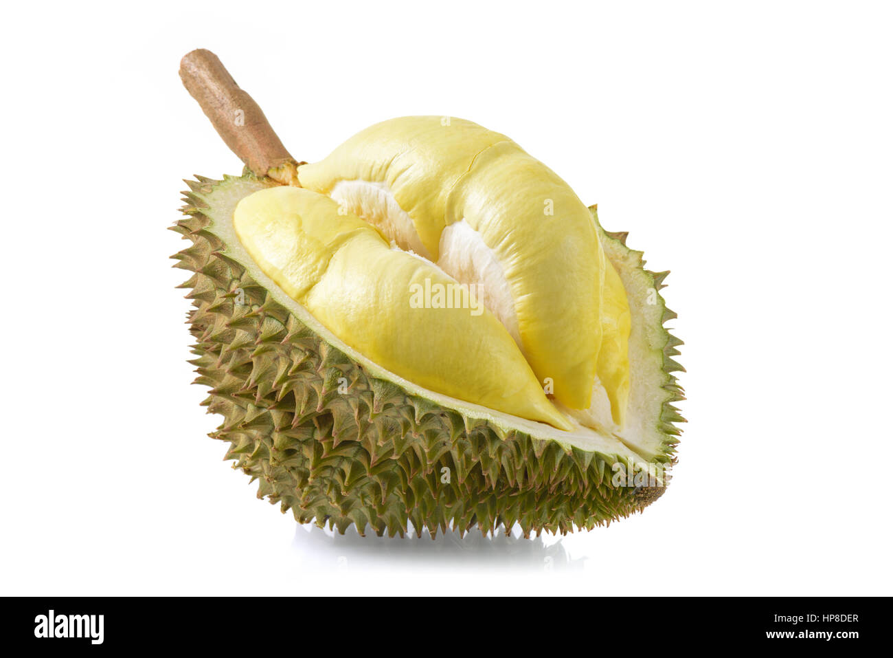 gelbe Durian in Seite Mon Thong Durian Frucht auf weißem Hintergrund Stockfoto