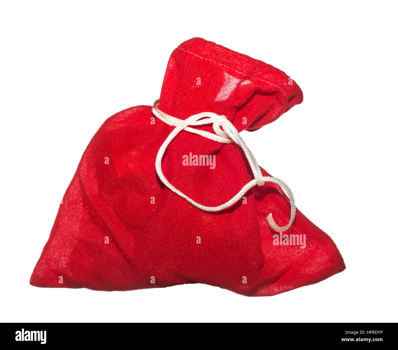 Rote Tasche mit präsentiert isolierten auf weißen Hintergrund. Red Santa Sack. Stockfoto
