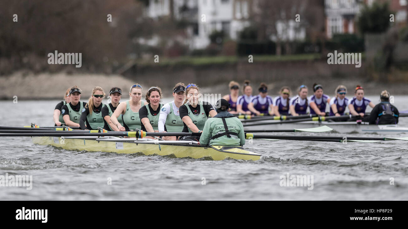 19.02.2017 Boot Rennen Befestigung. Oxford University Women Boat Club V University of London Boat Club. Als Vorbereitung für die The Cancer Research UK Regatten beteiligen Oxford und Cambridge Clubs sich eine Reihe von Vorrichtungen gegen andere Vereine. Crew-Liste:-CUWBC (Light Blue Tops) b) Claire Lambe; (2) Kirsten Van Fosen; (3) Ashton braun *; (4) Imogen Grant; (5) Holly Hill *; (6) Melissa Wilson *; (7) Myriam Goudet *; (s) Alice White; (c) Matthew Holland. (* Blues). ULBC (lila Tops). Bildnachweis: Duncan Grove/Alamy Live-Nachrichten Stockfoto