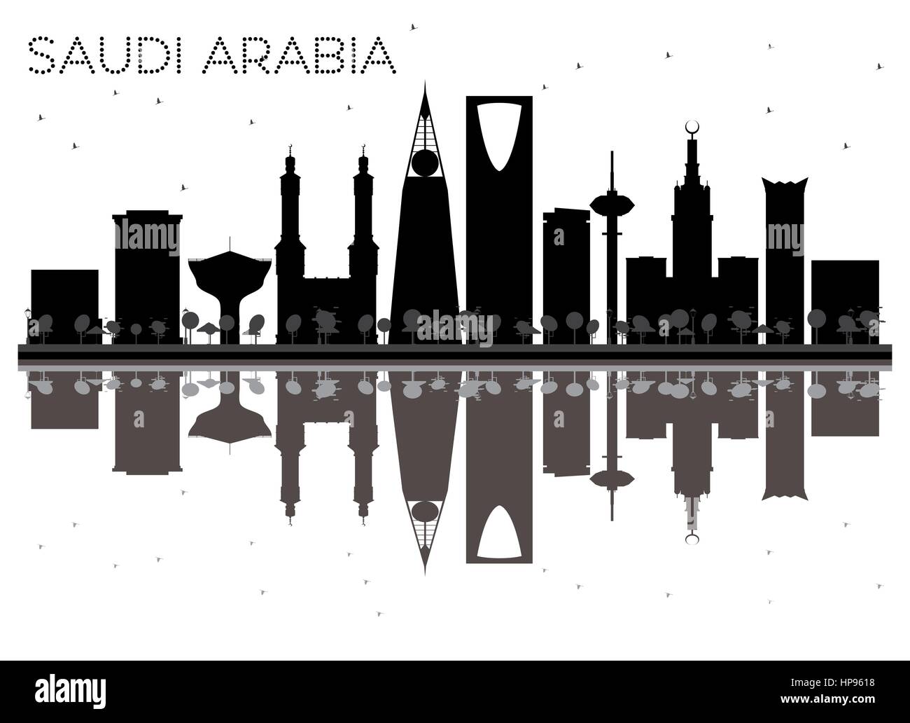 Saudi-arabien Skyline schwarze und weiße Silhouette mit Reflexionen. Vector Illustration. einfache flache Konzept für Tourismus Präsentation, Banner, Plakat o Stock Vektor