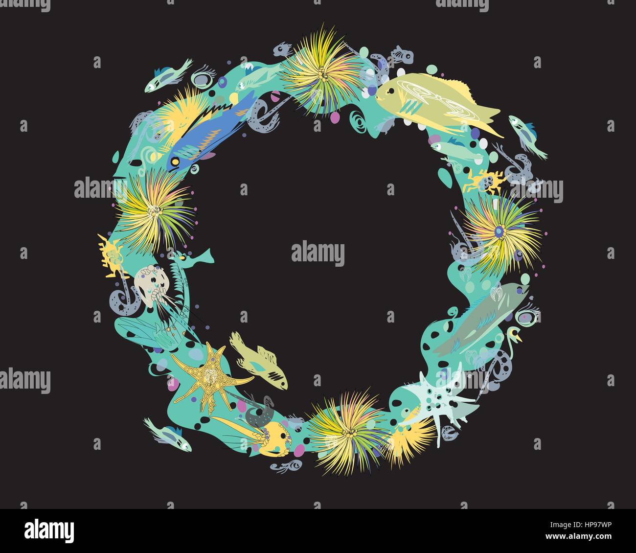 Sealife Kranz auf schwarz Stock Vektor