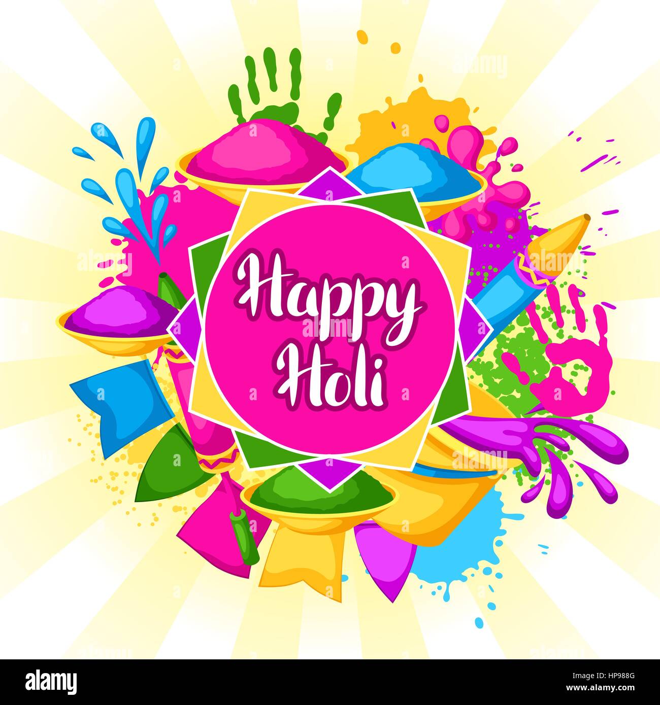 Happy Holi farbigen Hintergrund. Illustration der Eimer mit Farbe, Wasserpistolen, Fahnen, blots und Flecken. Stock Vektor