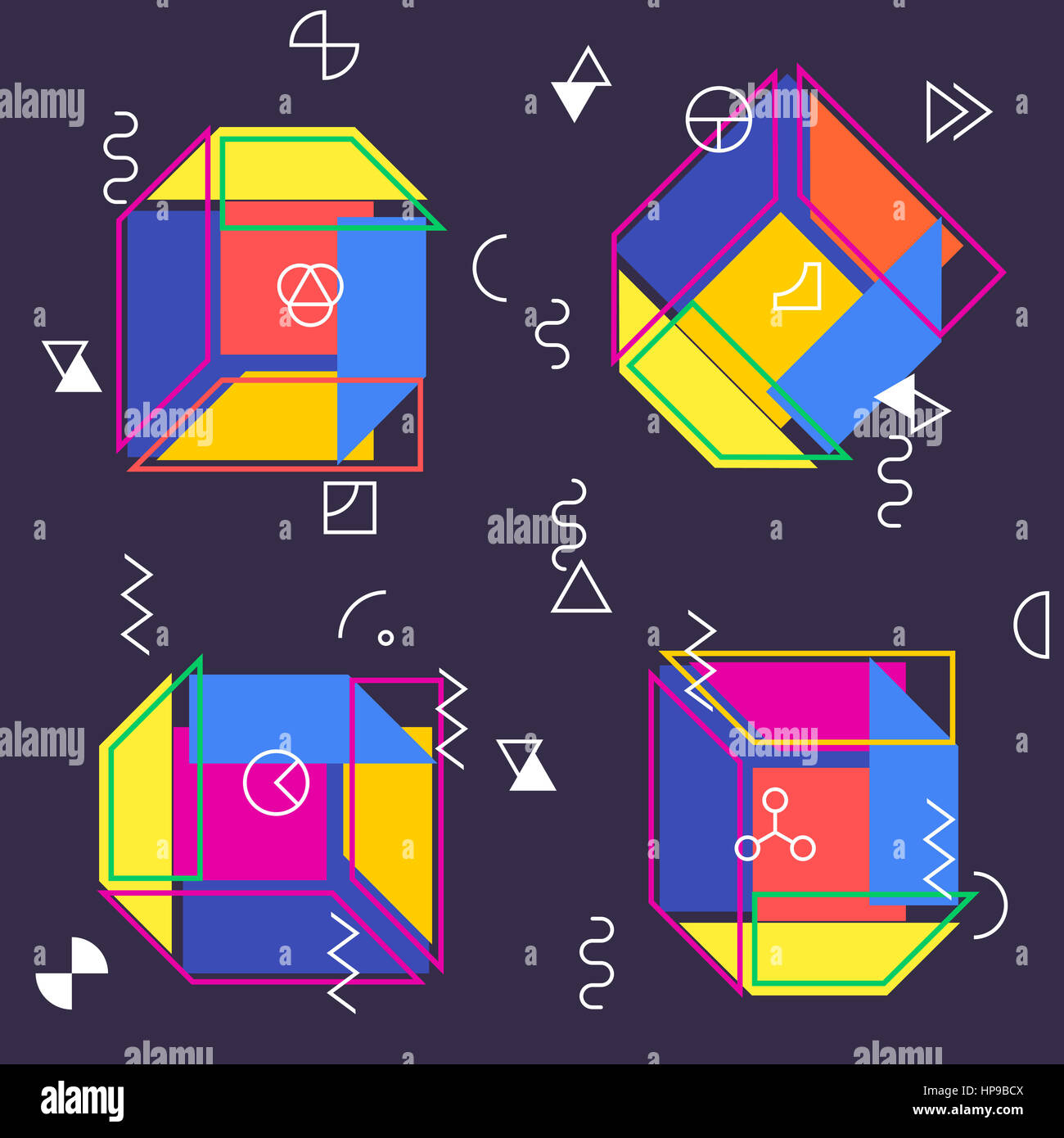 Geometrische abstrakte Musterdesign. Einfaches Motiv Hintergrund. Bunte Dekoration Design. Trendige Memphis-Stil-Abbildung Stockfoto