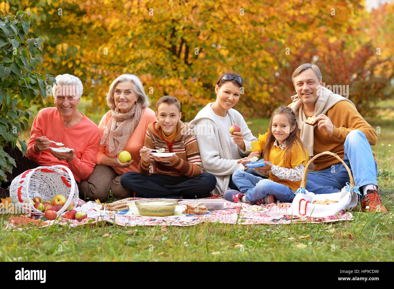 Große, glückliche Familie auf Picknick Stockfoto
