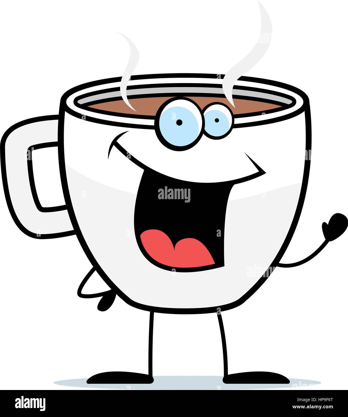 Eine glückliche Cartoon Tasse Kaffee winken und Lächeln auf den Lippen. Stock Vektor