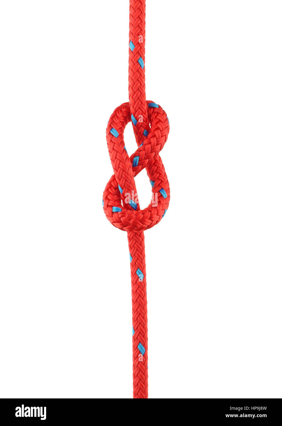 Achterknoten gebunden in rote Seil, Isolated on White Background Stockfoto